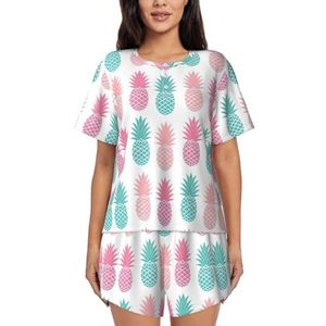 YQxwJL Gekleurde Ananas Print Vrouwen Pyjama Sets Shorts Korte Mouw Lounge Sets Nachtkleding Casual Pjs Met Zakken, Zwart, XXL