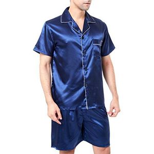 Satijnen pyjamaset met korte mouwen voor heren, Marineblauw met witte bies, M