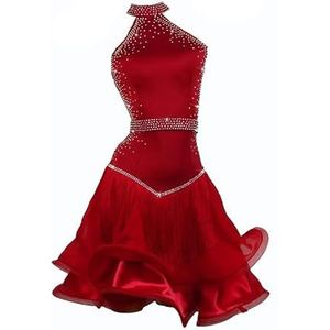 Rood,L,PONNYC Latin Dansjurk Met Kwastjes Voor Dames Strapless Ballroom Dans Voorstellings Kostuums Tango Danskleding Met Open Rug Cha Cha Dansoutfit Met Strass