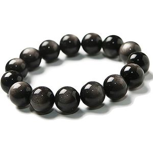 Armband 14 mm kristallen parels armband ronde stretch obsidiaan edelsteen natuurlijk zilver grijs natuur AAAA, Eén maat