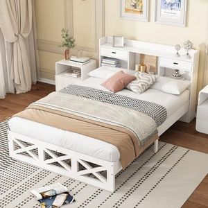 Aunvla Houten bed met panelen, tweepersoonsbed met houten lattenbodem, met opbergfunctie, MDF + meerlaagse plaat, wit, 140x200cm