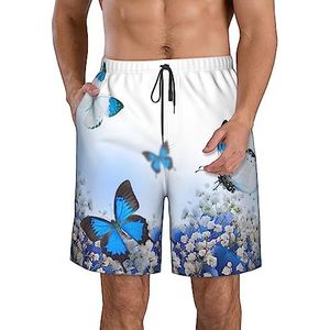 JIAWUJYNB Blauwe strandshorts voor heren, met vlinderprint, lichtgewicht, sneldrogend, met trekkoord en zakken, Wit, M