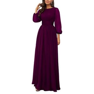 KURFACE Bruidsmeisjesjurken met lange mouwen, geplooide ronde hals, chiffon, bruidsmeisje, formele avondjurk, Pruim, 32