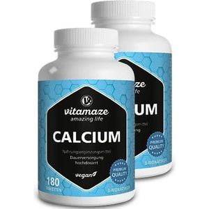Calcium tabletten hooggedoseerd veganistisch, 360 tabletten voor 6 maanden, 800 mg calciumcarbonaat per dagelijkse dosis, Made in Germany (verpakking van 2)