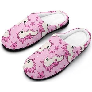 Roze Zeepaardjes Eenhoorn Katoenen Slippers Voor Vrouwen Warme Anti-Slip Rubber Zool Huis Schoenen Voor Indoor Hotel 11-12 (42-43)