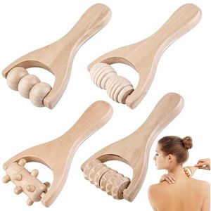 4 stuks houten massageroller, rugspierroller, handmatige massageroller met handvat, fasciarol, massagerol voor volwassenen, rug, benen, handen, spieren van het hele lichaam