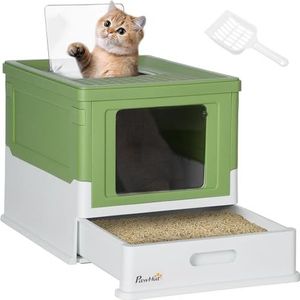 PawHut Kattenbak met deksel, kattenbak met kap, schep, uittrekbaar dienblad, kattenbak voor katten tot 5 kg, 47,5 x 35,5 x 36,7 cm, wit + groen