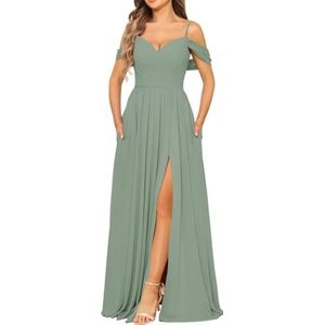 Chiffon bruidsmeisjesjurk voor dames met split avondjurken baljurk cocktailjurk grote maten, Eucalyptus, 32
