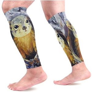 EZIOLY Kleine eekhoorn in het gat schilderen sport kalf compressie mouwen been compressie sokken kuitbeschermer voor hardlopen, fietsen, moederschap, reizen, verpleegkundigen