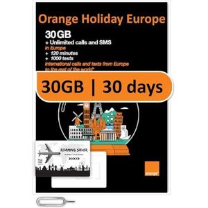 Orange Holiday Europe Prepaid SIM-kaart combideal 30 GB internetdata in 5G/4G/LTE (data-tethering toegestaan)+120min en 1000 sms'en vanuit Europa naar elk land wereldwijd+1 simkaarthouder+1 pin