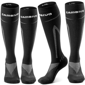 CAMBIVO 2 paar compressiekousen voor dames en heren, klasse 2, 20-30 mmHg, gevoerde compressiesokken voor comfort, steunkousen voor vliegreizen, sport, dagelijks gebruik, zwart met wit, S/M
