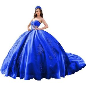 Fuomomo Quinceanera Prinsessenjurk met ruches en staart Quinceanera jurk van tule met parels schattige jurk 16 MT052, Royal Blauw, 36