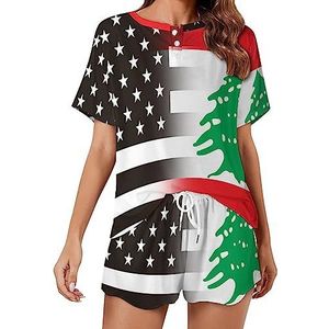 Zwart-wit USA Libanon vlag mode 2 stuks dames pyjama sets korte mouw nachtkleding zachte loungewear stijl-13