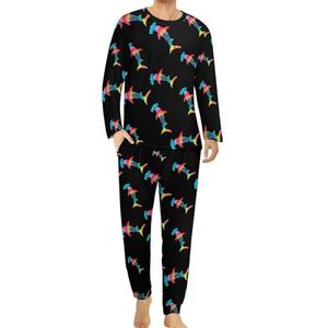Tie Dye Hammerhead Shark Comfortabele heren pyjama set ronde hals lange mouwen loungewear met zakken 4XL