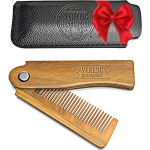 Viking Revolution - Opvouwbare baardkam met draagtas voor mannen - volledig natuurlijke houten baardkam voor het verzorgen en kammen van haar, baarden en snorren - cadeaus voor mannen