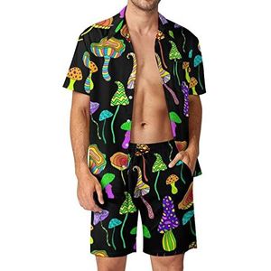 Heldere hallucinogene paddestoel mannen Hawaiiaanse bijpassende set 2-delige outfits button down shirts en shorts voor strandvakantie