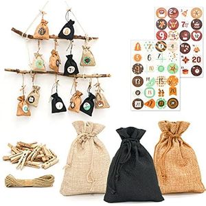 DuneDesign Vulbare Adventskalender - 24 Geschenkzakken - DIY Kerstversiering - Complete Knutselkit (zwart, beige, bruin)