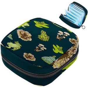 1 x maandverband, opbergtas, grote maandverband, organizer, herbruikbare eerste menstruatietas voor meisjes, dames, 17 x 17 x 12 cm, groene kikker, paddenstoel, lotusblad, marineblauw