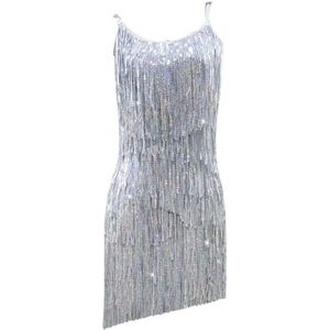 FZHQNZJF Latijns Concurrentie Jurken Pailletten Tango Cha Cha Prestatie Rok Bretels Balzaal Dansuitrusting voor Dames Elegant Rugloos Salsa Dans Kostuum,Zilver,L