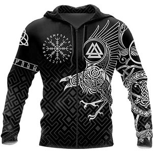 Nordic Viking Crow 3D Digital Print Hoodie Voor Heren, Autumn Ravens Celtic Knot Full Print Zipper Pullover, Unisex Harajuku Fashion Street Casual Hooded Sweatshirt
