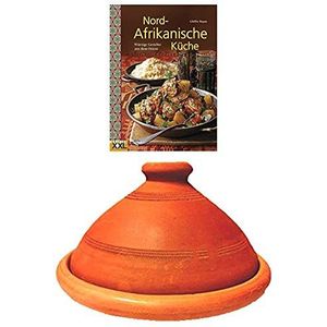 Tajine, origineel uit Marokko, inclusief kookboek Noord-Afrikaanse keuken, aardewerk pot om te koken, diameter 35 cm, voor 6-8 personen, met de hand gebakken uit Marrakesh, vrij van schadelijke