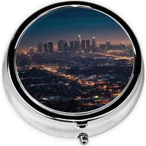 Pillendoosje met spiegel, retro pillendoosje met 3 vakken, Los Angeles Skyline kleine pillenorganizer voor portemonnee of zak, decoratieve metalen medicijnen, vitamine-organizer, unieke geschenken