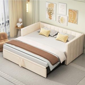 Moimhear Gestoffeerd bed, uittrekbare slaapbank, 90/180 x 200 cm, met lattenbodem, multifunctioneel bed van huidvriendelijk fluweel, beige