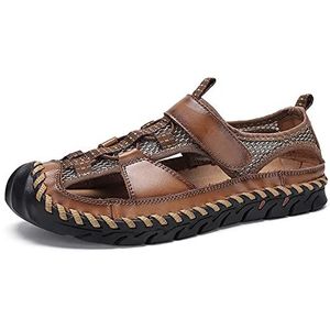 Casual sandalen voor heren, gesloten teen, grote maat, handgemaakte wandelsandalen, echt leer, modieus, backpacken, strandschoenen, Bruin, 46 EU