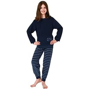 Meisjespyjama van badstof met lange mouwen, gestreepte broek - 212 401 13 800, Donkerblauw, 146-152