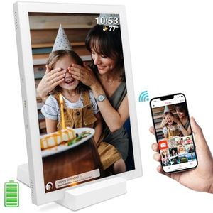 Frameo Digitale fotolijst, 10,1 inch, 5000 mAh, werkt op batterijen, wifi, 32 GB HD, IPS touchscreen, met draadloze oplader, automatische rotatie, direct delen van foto/video via de app