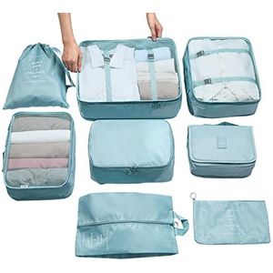 8PCS Suitcase Luggage Organizer Bag, Travel Packing Cubes with Buckle for Traveling, Foldable Travel Cubes Set with Drawstring Laundry Underwear Shoe Toiletry Makeup Bag Gray Blue Beige
