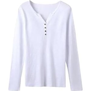 Dames Lente Herfst Losse V-hals Knopen Shirt Vrouwen Lange Mouw T-shirt Vrouwelijke Trui Casual Tops, Wit, M