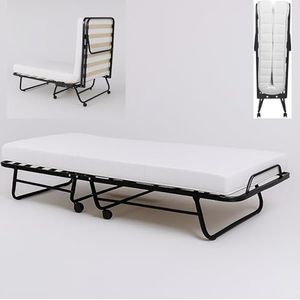 Troonz Opklapbed Verona 90x200 cm – Vouwbed voor Volwassenen – Logeerbed met 12 cm Ergonomisch Matras – Inklapbaar Bed met Lattenbodem & Wielen – Stalen Frame – Eenpersoonsbed Zwart