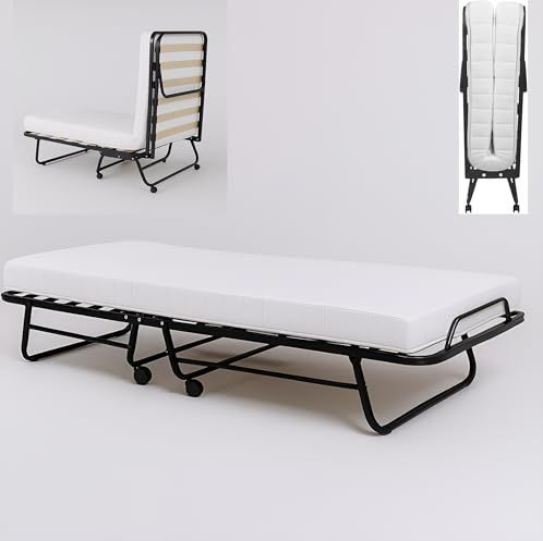 Troonz Opklapbed Verona 90x200 cm – Vouwbed voor Volwassenen – Logeerbed met 12 cm Ergonomisch Matras – Inklapbaar Bed met Lattenbodem & Wielen – Stalen Frame – Eenpersoonsbed Zwart