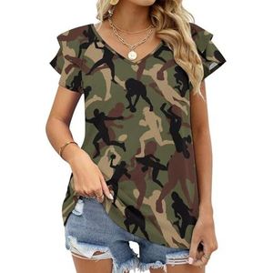 American Football Players on Camouflage Graphic Blouse Top Voor Vrouwen V-hals Tuniek Top Korte Mouw Volant T-shirt Grappig