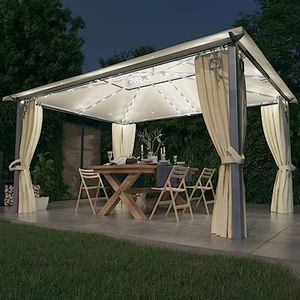 Gazon- en tuinpaviljoen met gordijn en led-lichtslinger, 4 x 3 m, crèmekleurig aluminium, voor thuis en tuin