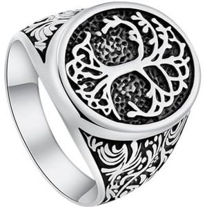 Yggdrasil Ring Voor Mannen Vrouwen - Noorse Mythologie Viking RVS Levensboom Signet Ring - Handgemaakte Vergulde Gepolijste Heavy Metal Pagan Amulet Ring Sieraden (Color : Silver, Size : 10)