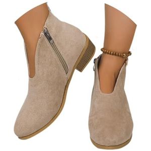 Retro Suède Enkellaarzen Chelsea Korte Dameslaarzen Elegante Enkellaarzen Met Blokhak Herfst-winterlaarzen Met Ritssluiting Vrijetijds-enkelschoenen(Beige,37 EU)