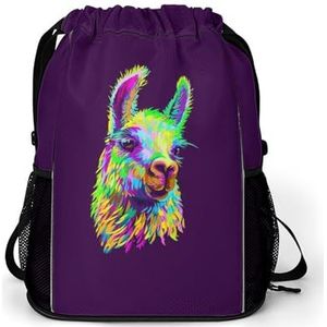 Kleurrijke Alpaca Llama Portret Trekkoord Zakken Grote Sport Rugzak Zwemmen Waterdicht Trekkoord Rugzak voor Vrouwen Mannen