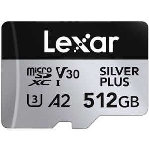 Lexar Silver Plus Micro SD kaart 512GB, leessnelheid tot 205 MB/s, schrijfsnelheid tot 150 MB/s, MicroSDXC UHS-I flashgeheugenkaart met adapter, UHS-I, A2, U3, V30, klasse 10, Snelle TF kaart