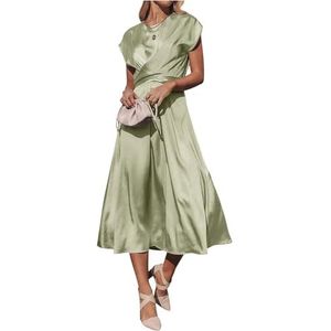 Midi-jurk met Ronde Hals, Satijnen Ruches, Elastische Hoge Taille Bruiloftsfeestjurken(Color:Light green,Size:S)