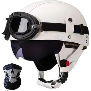 Duitse leren motorhelmen, halve schaalhelm met DOT/ECE, retro jethelm, scooterhelm, chopperhelm, fietshelm, met zonneklep en snelsluitingen open helm H,XL=61-62CM