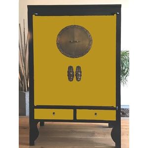 OPIUM OUTLET Chinese bruiloftskast, kast, commode, oosterse aziatische vintage shabby-chic stijl, kledingkast hout, massief compleet gemonteerd, 2-kleurig (Black_ocher)