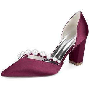 KYEGLO Damesmodieuze Instapschoenen Met Spitse Neus En Dikke Hakken Met Parel - Satijnen Bruidsmeisjesschoenen Met Gesloten Neus Voor Feestjes, Bruiloften, Cadeaus Voor Vrouwen,Burgundy,36 EU