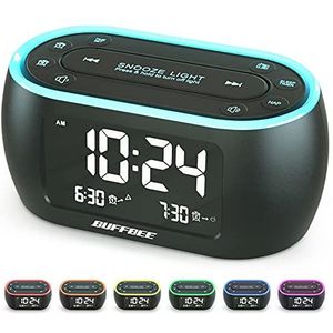 BUFFBEE Nachtkast-wekkerradio met 7 kleuren, dual alarm, snooze, dimmer, USB-oplader, nap timer, digitaal met FM-radio en auto-off-timer, netvoeding met batterij-back-up