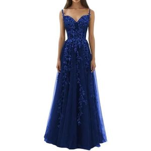 BRIGOW BY032 Damesjurk met spaghettibandjes, kant, geborduurde baljurk, liefje, vloerlengte, formele avondfeestjurk, Royal-blauw, 32