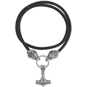 Heren Viking Wolf Mjolnir Ketting - Noorse Odin Keltische Knoop Thor's Hammer RVS Hanger - Handgemaakte Gevlochten Lederen Wolf Hoofdketting Amulet Heidense Sieraden (Color : Silver_70CM)