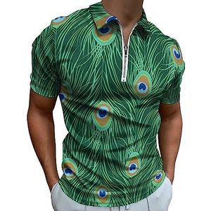Pauw groene veren poloshirt voor heren, casual T-shirts met ritssluiting en kraag, golftops, slim fit
