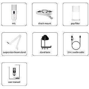 Geluidskaartkit, STA-U2D USB-opnamemicrofoon Computer Podcast-microfoon for pc/PS4/Mac, vier pick-uppatronen for zang, gaming(White)