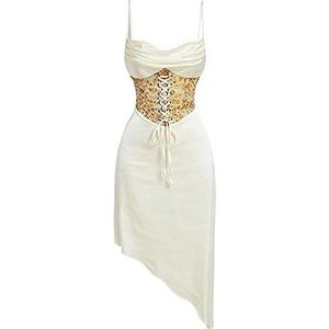 jurken voor dames Gebloemde jacquard gedrapeerde kraag asymmetrische zoom cami-jurk (Color : Beige, Size : X-Small)